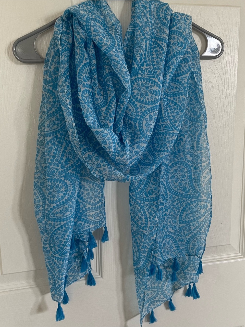 Sheer Blue and White Paisley Print Fashion Scarf with Tassels